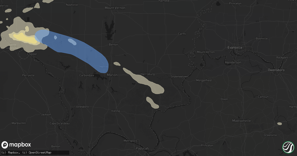 Hail map in Harrisburg, IL on July 10, 2026