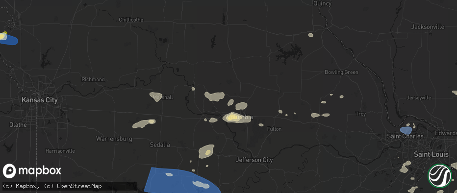 Hail map in Harrisburg, MO on July 10, 2026