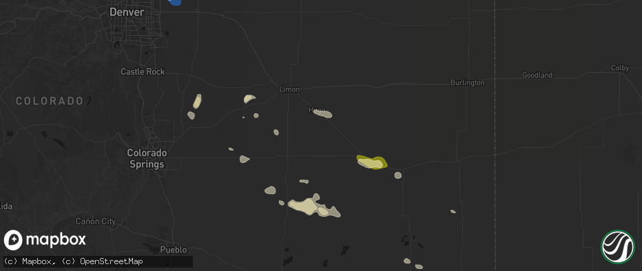 Hail map in Hugo, CO on July 10, 2026