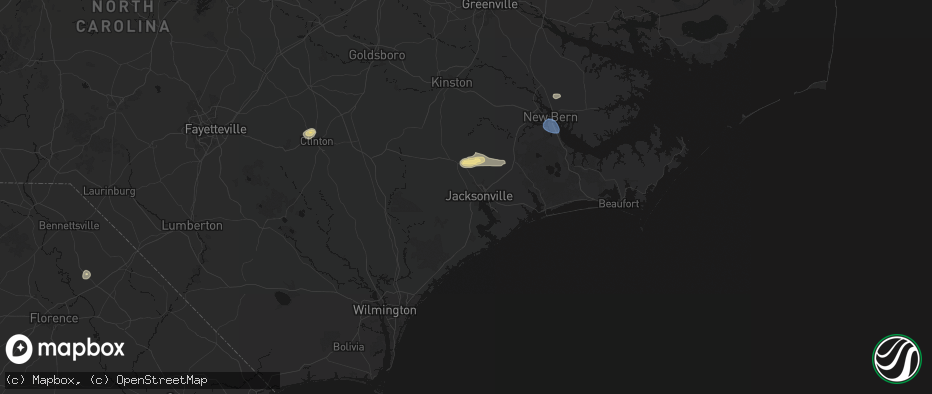 Hail map in Jacksonville, NC on July 10, 2026