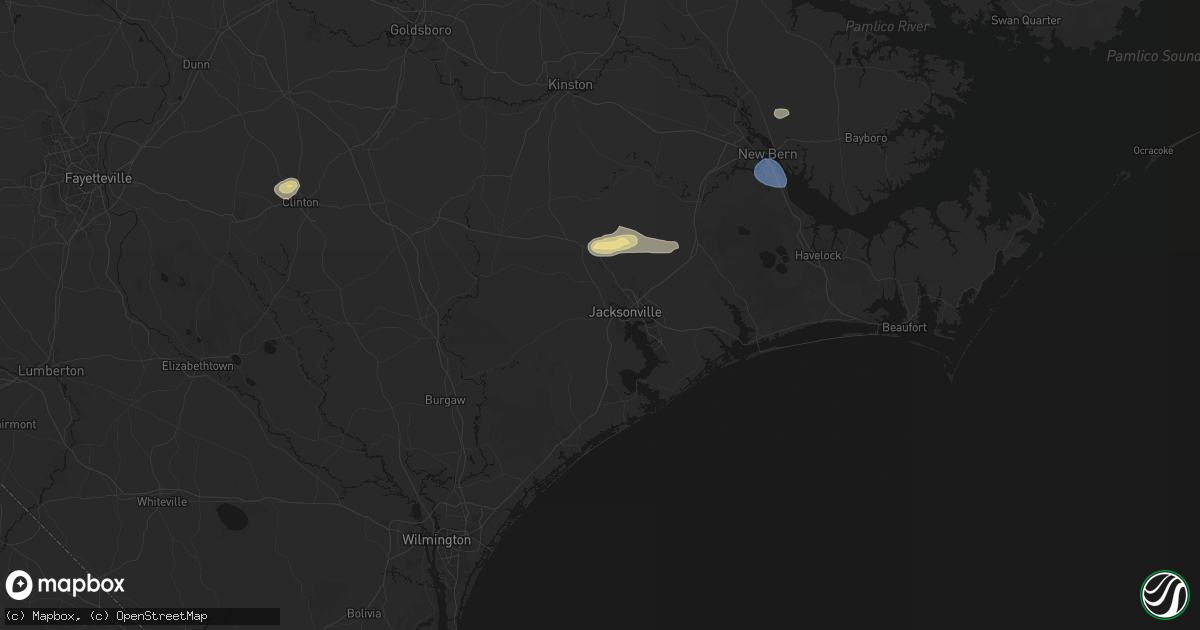 Hail map in Jacksonville, NC on July 10, 2026