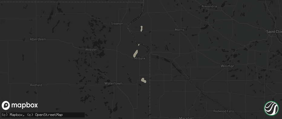 Hail map in Milbank, SD on July 10, 2026