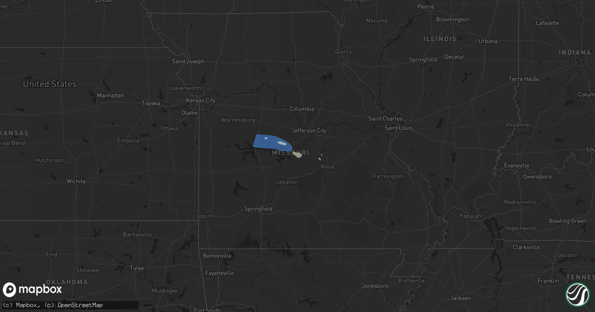 Hail map in Missouri on July 10, 2026