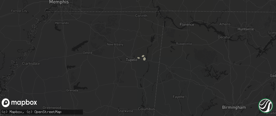 Hail map in Mooreville, MS on July 10, 2026