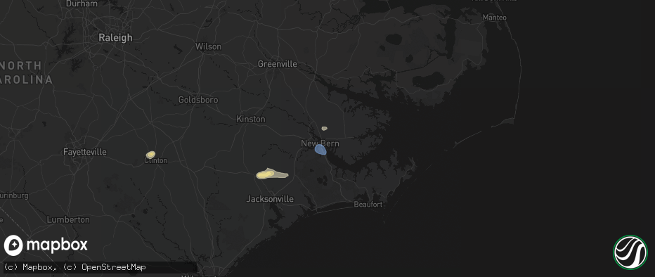 Hail map in New Bern, NC on July 10, 2026