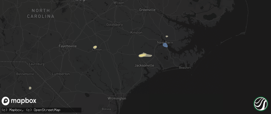 Hail map in Richlands, NC on July 10, 2026