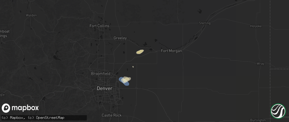 Hail map in Roggen, CO on July 10, 2026