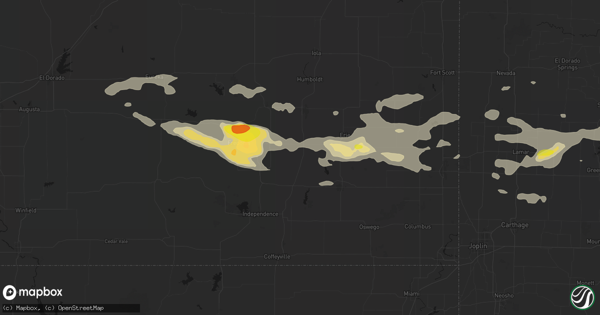 Hail map in Thayer, KS on July 10, 2026