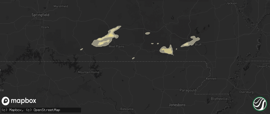 Hail map in Thayer, MO on July 10, 2026