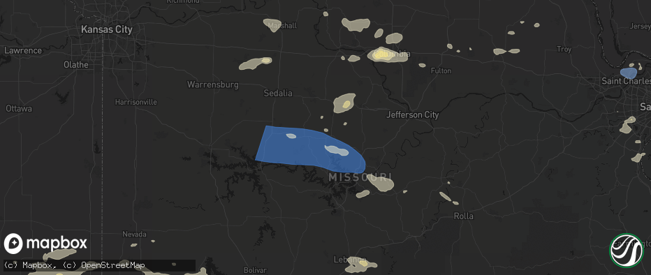 Hail map in Versailles, MO on July 10, 2026