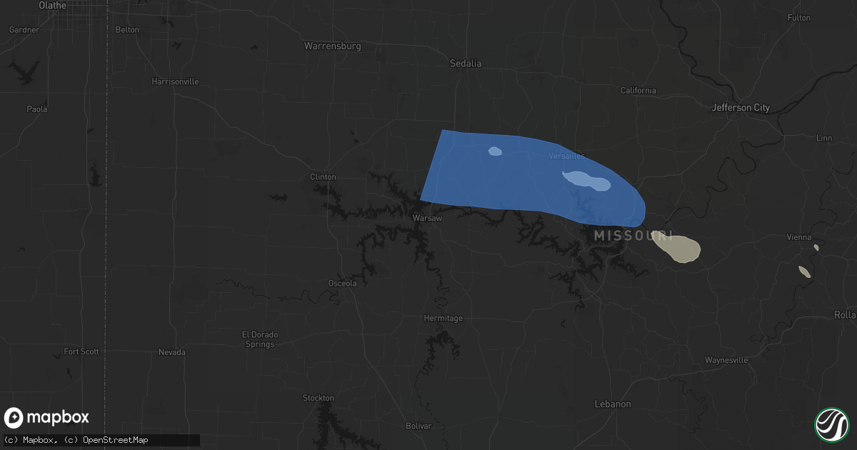 Hail map in Warsaw, MO on July 10, 2026