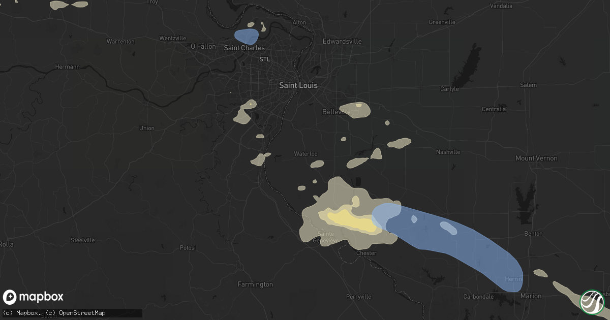 Hail map in Waterloo, IL on July 10, 2026
