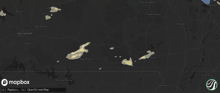 Hail map in Winona, MO on July 10, 2026