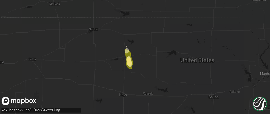 Hail map in Woodston, KS on July 10, 2026