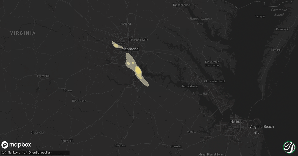 Hail map in Hopewell, VA on July 11, 2018