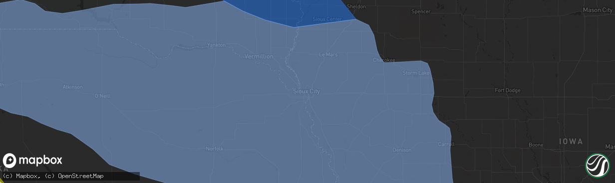 Hail map in Sioux City, IA on July 11, 2023