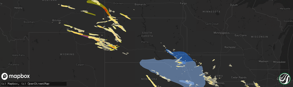 Hail map in South Dakota on July 11, 2023