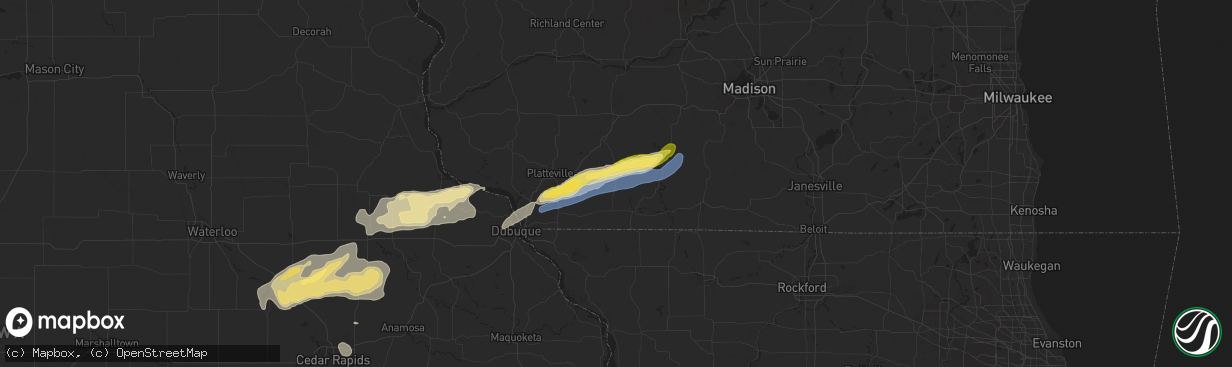 Hail map in Darlington, WI on July 11, 2025