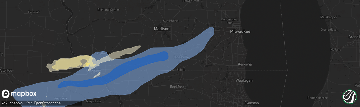Hail map in Janesville, WI on July 11, 2025