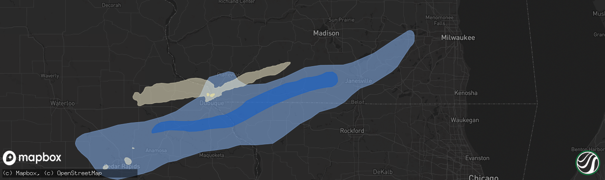 Hail map in Monroe, WI on July 11, 2025