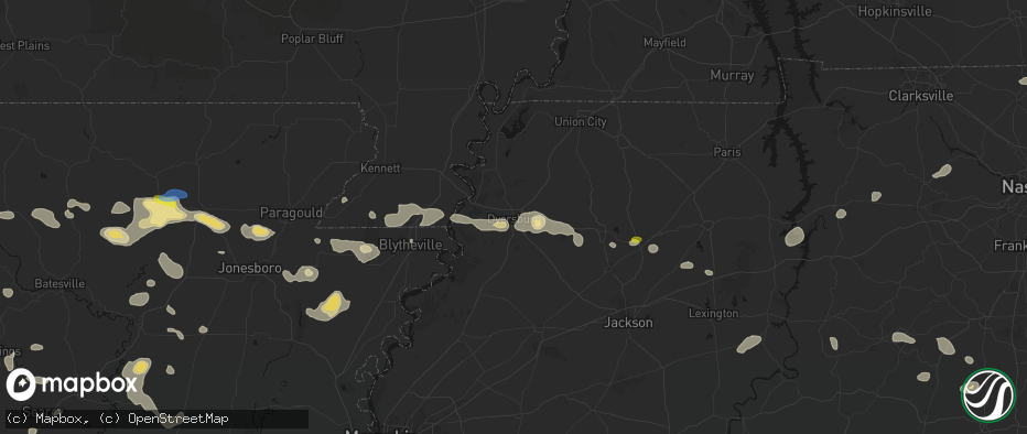 Hail map in Dyersburg, TN on July 11, 2026