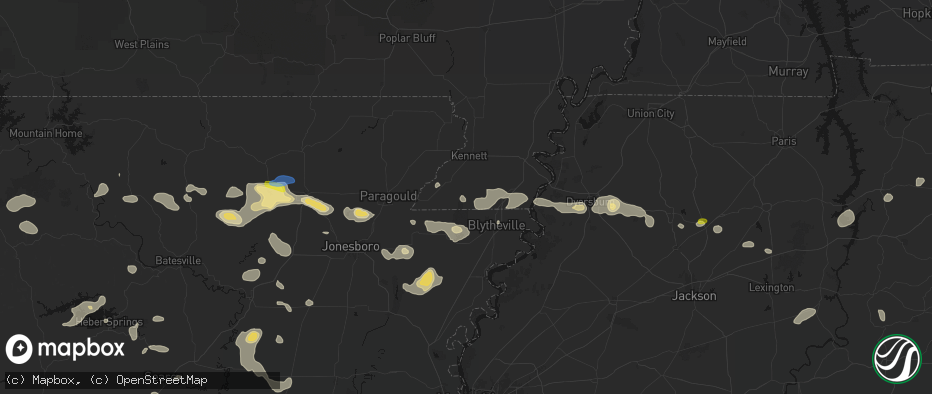 Hail map in Hornersville, MO on July 11, 2026