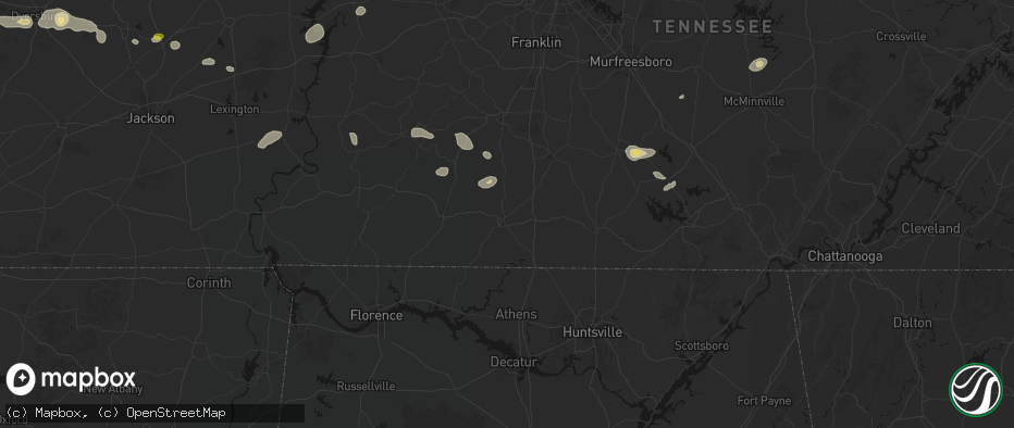 Hail map in Pulaski, TN on July 11, 2026