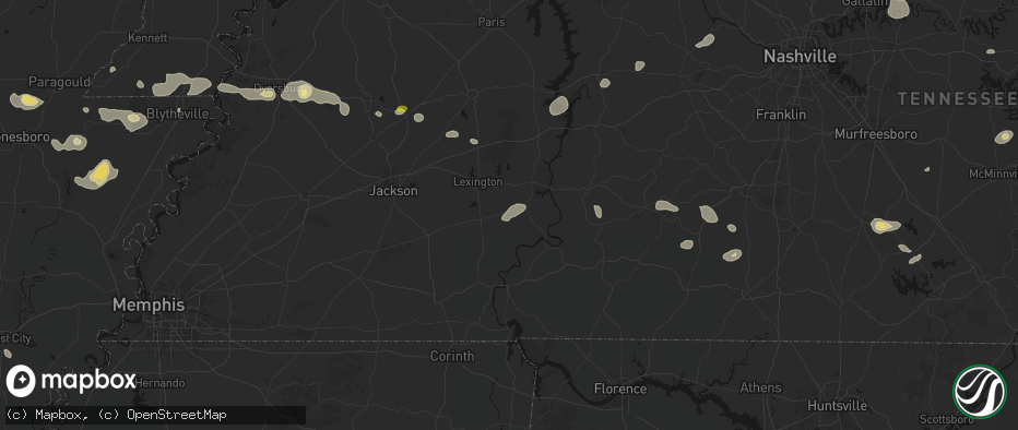 Hail map in Scotts Hill, TN on July 11, 2026