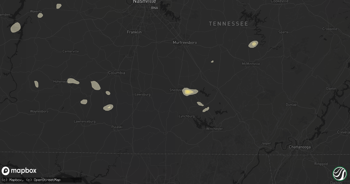 Hail map in Shelbyville, TN on July 11, 2026