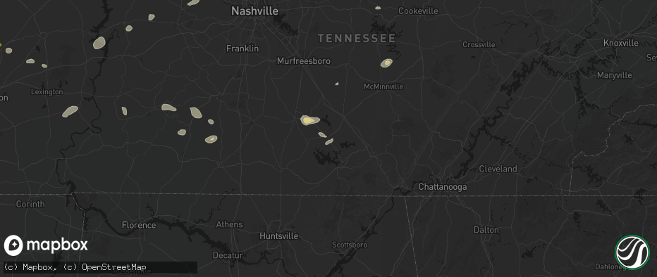 Hail map in Tullahoma, TN on July 11, 2026