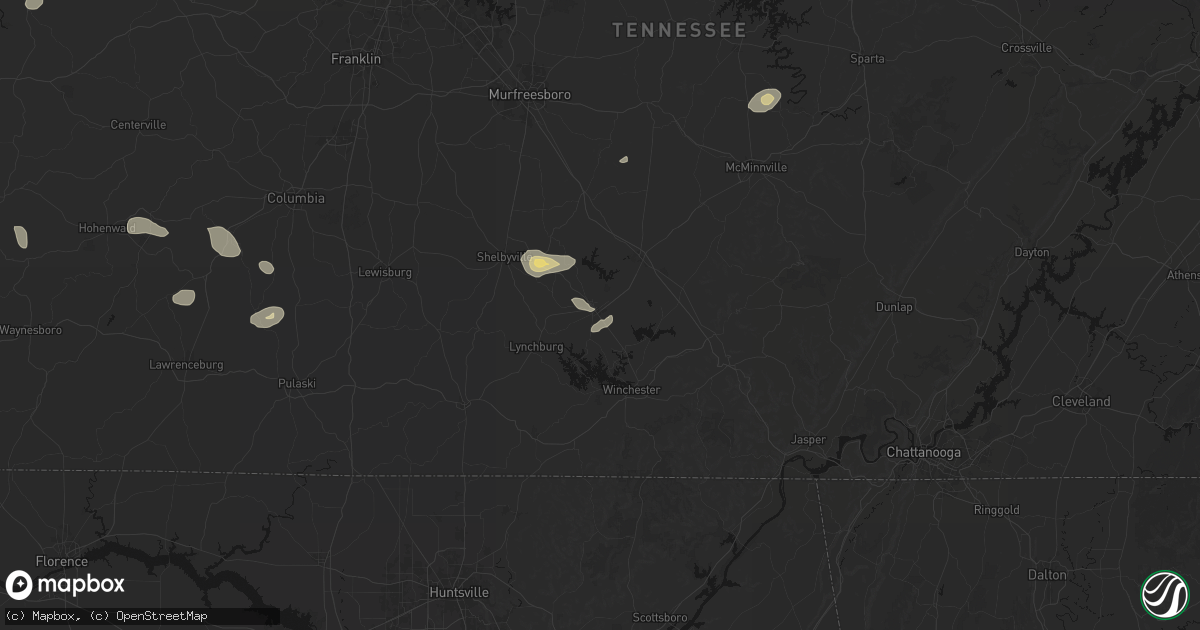 Hail map in Tullahoma, TN on July 11, 2026