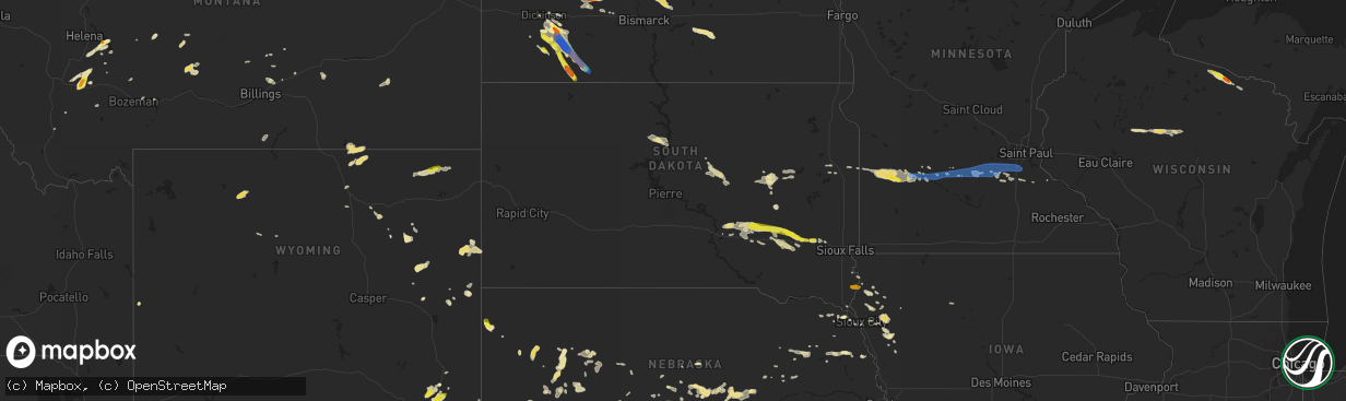 Hail map in South Dakota on July 12, 2019