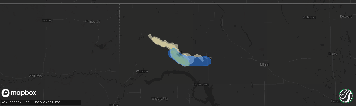 Hail map in Tioga, ND on July 12, 2019