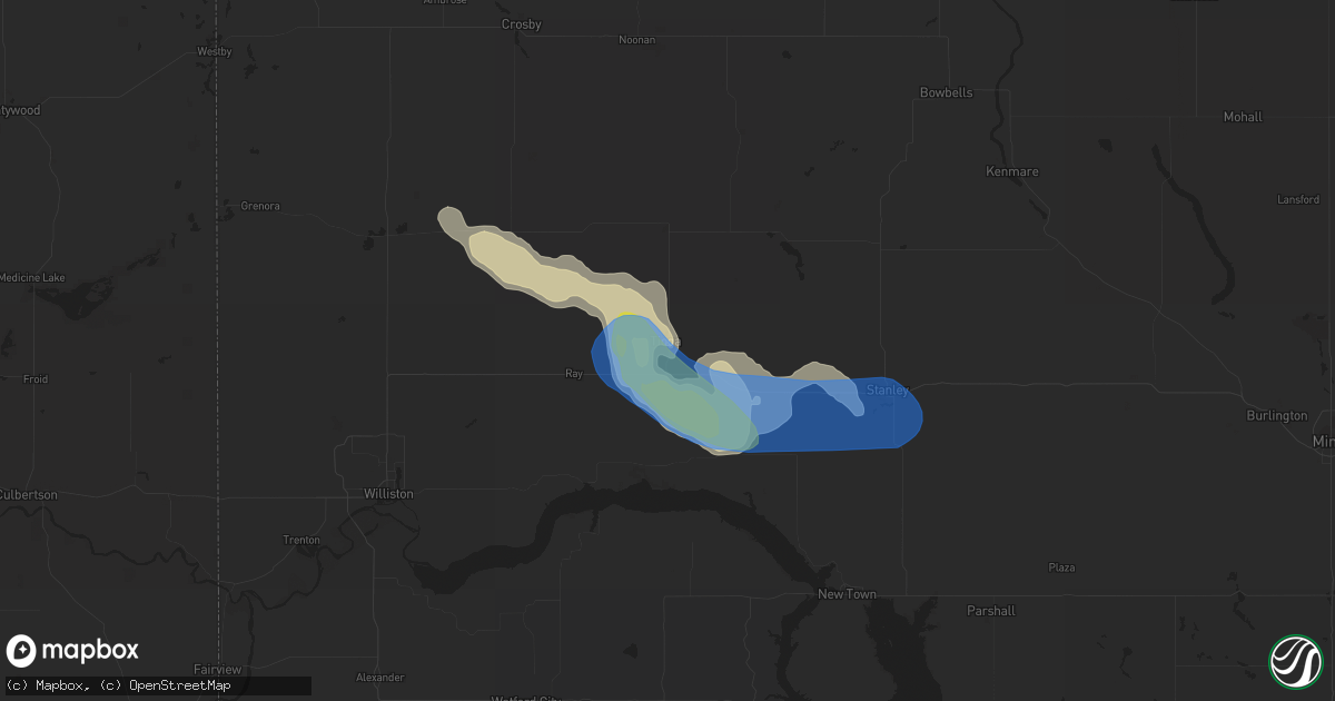 Hail map in Tioga, ND on July 12, 2019