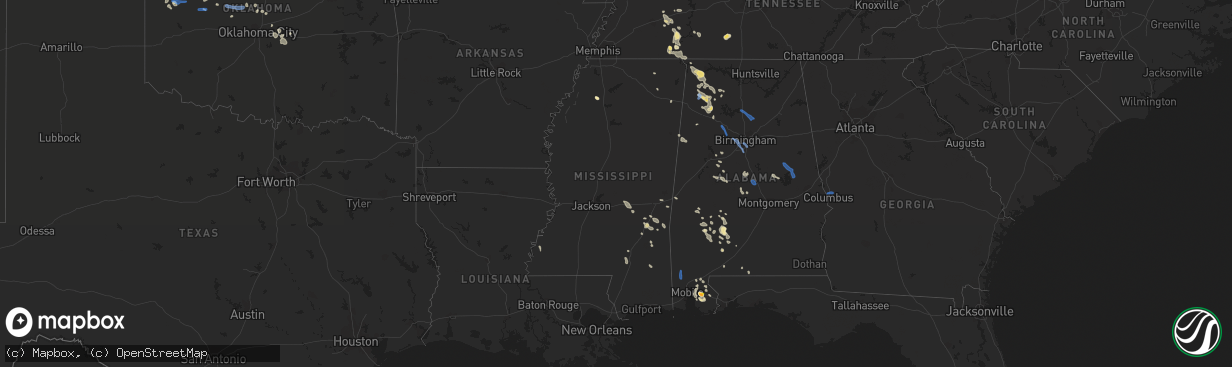 Hail map in Mississippi on July 12, 2020