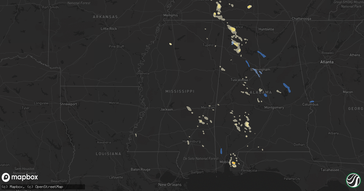Hail map in Mississippi on July 12, 2020