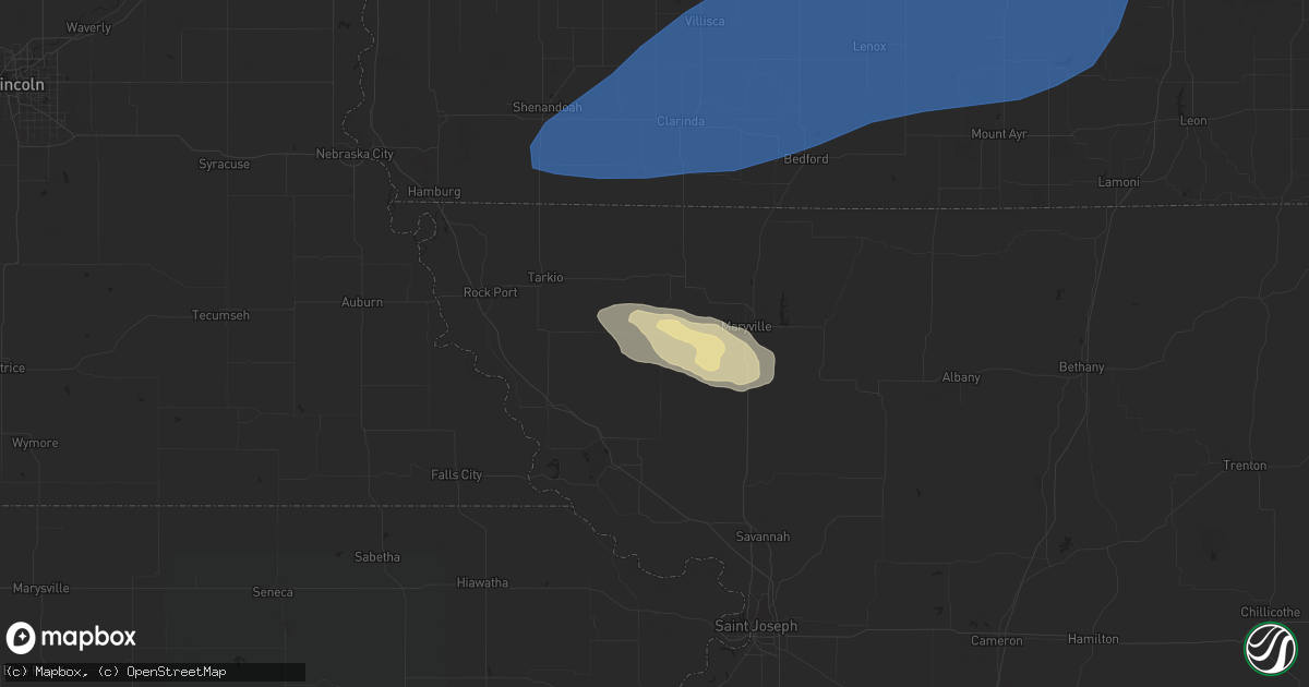 Hail map in Skidmore, MO on July 12, 2023