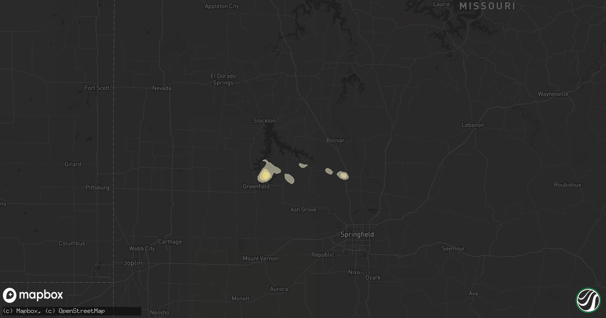 Hail map in Aldrich, MO on July 12, 2024