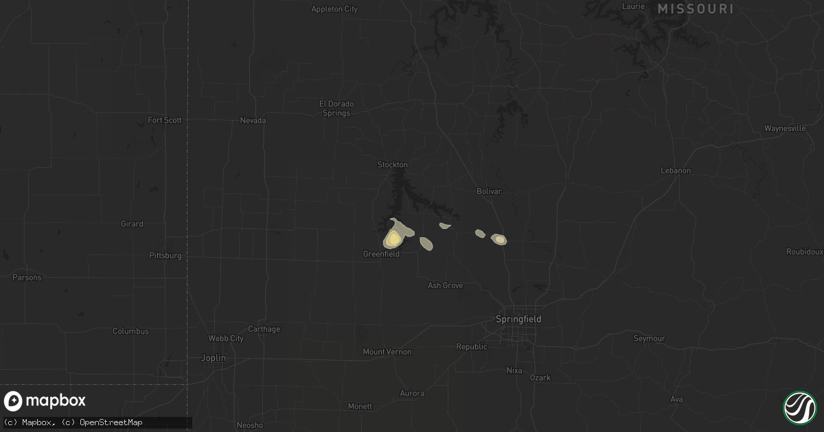 Hail map in Dadeville, MO on July 12, 2024