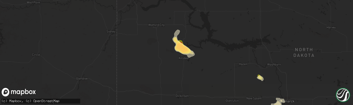 Hail map in Killdeer, ND on July 12, 2024