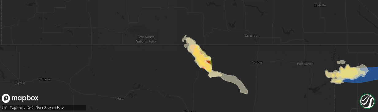 Hail map in Opheim, MT on July 12, 2024