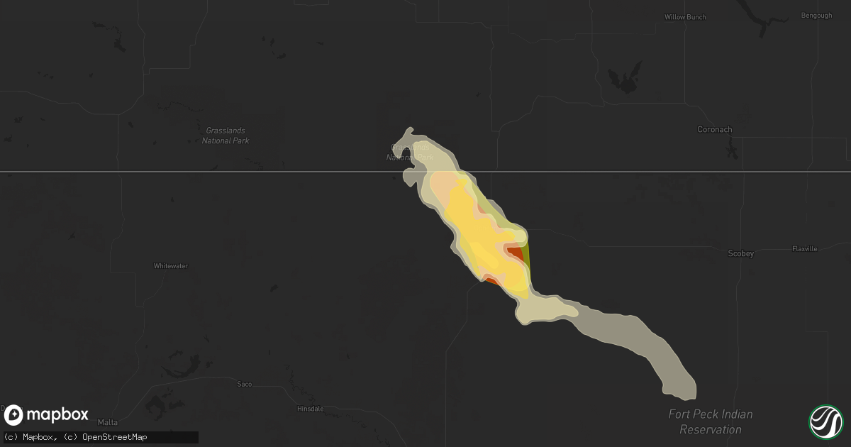 Hail map in Opheim, MT on July 12, 2024