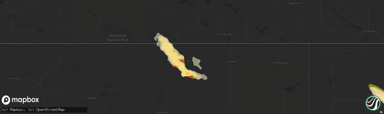 Hail map in Richland, MT on July 12, 2024