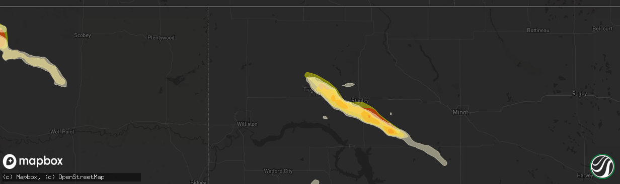 Hail map in Tioga, ND on July 12, 2024