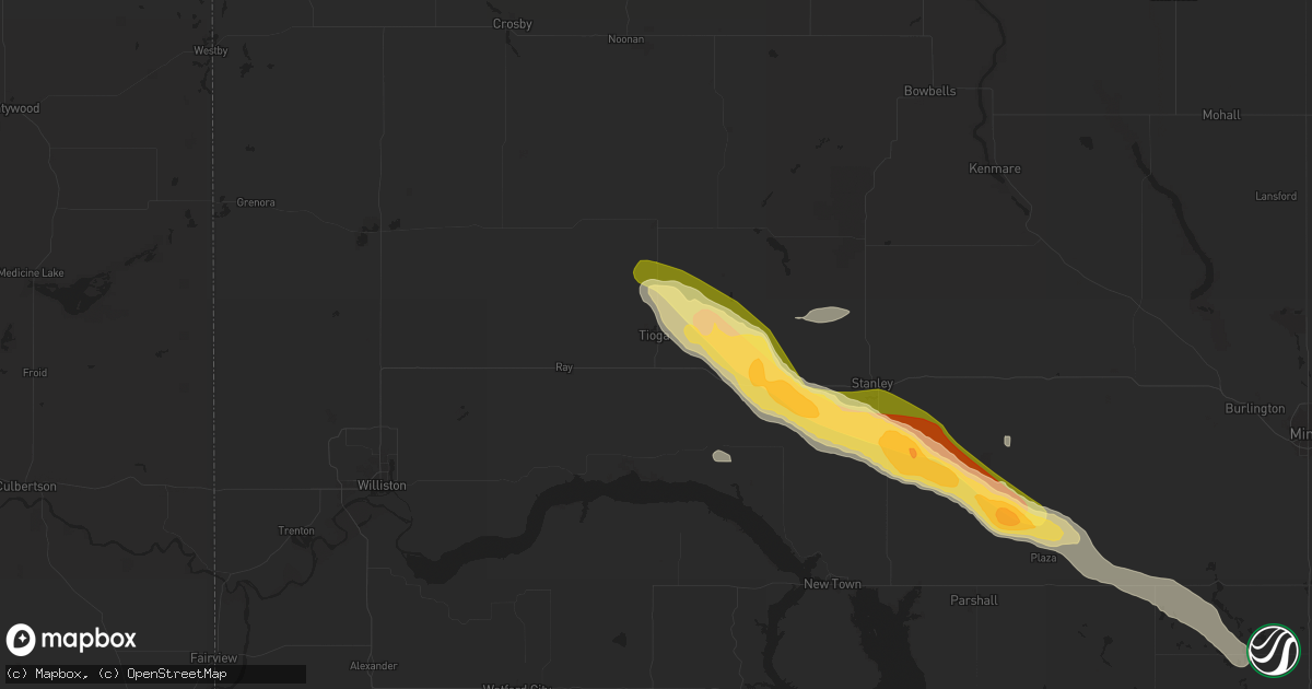 Hail map in Tioga, ND on July 12, 2024