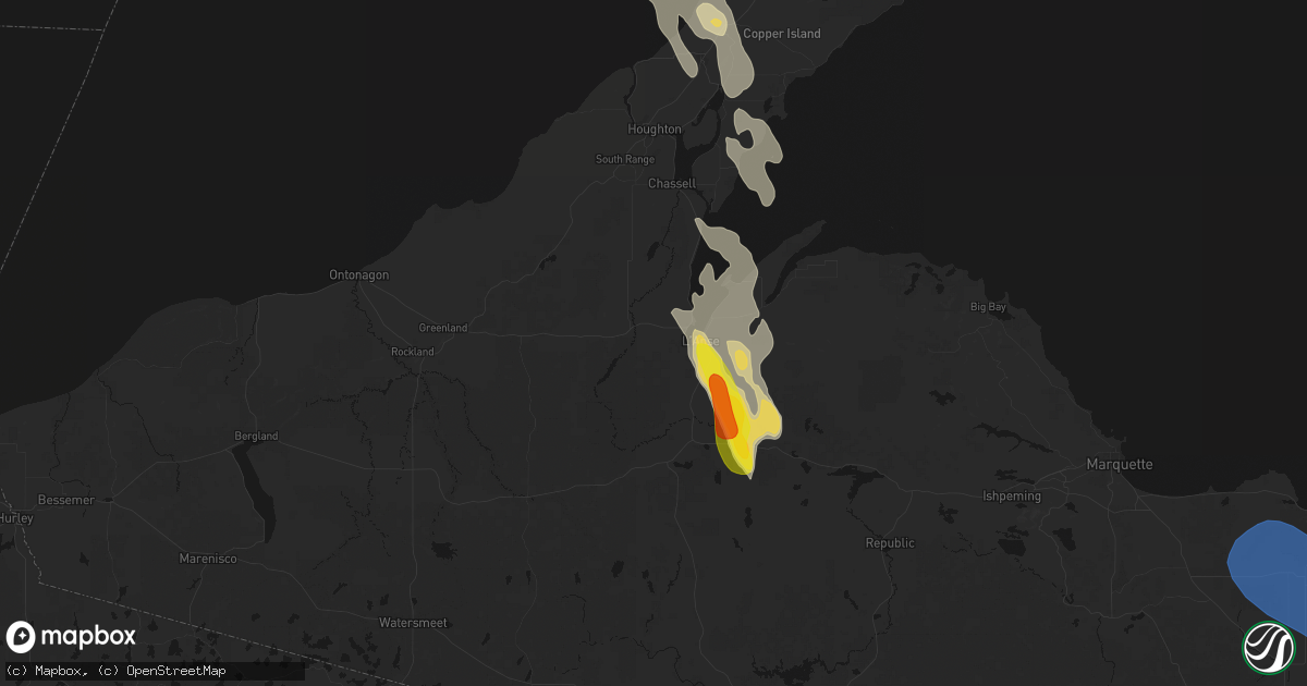 Hail map in Baraga, MI on July 12, 2026
