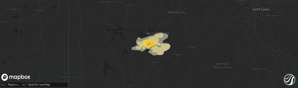 Hail map in Camdenton, MO on July 13, 2016