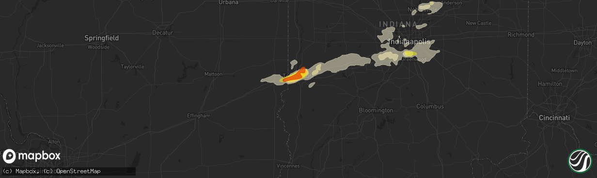 Hail map in Terre Haute, IN on July 13, 2016