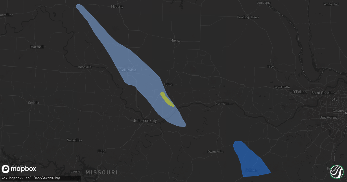 Hail map in Bonnots Mill, MO on July 13, 2023