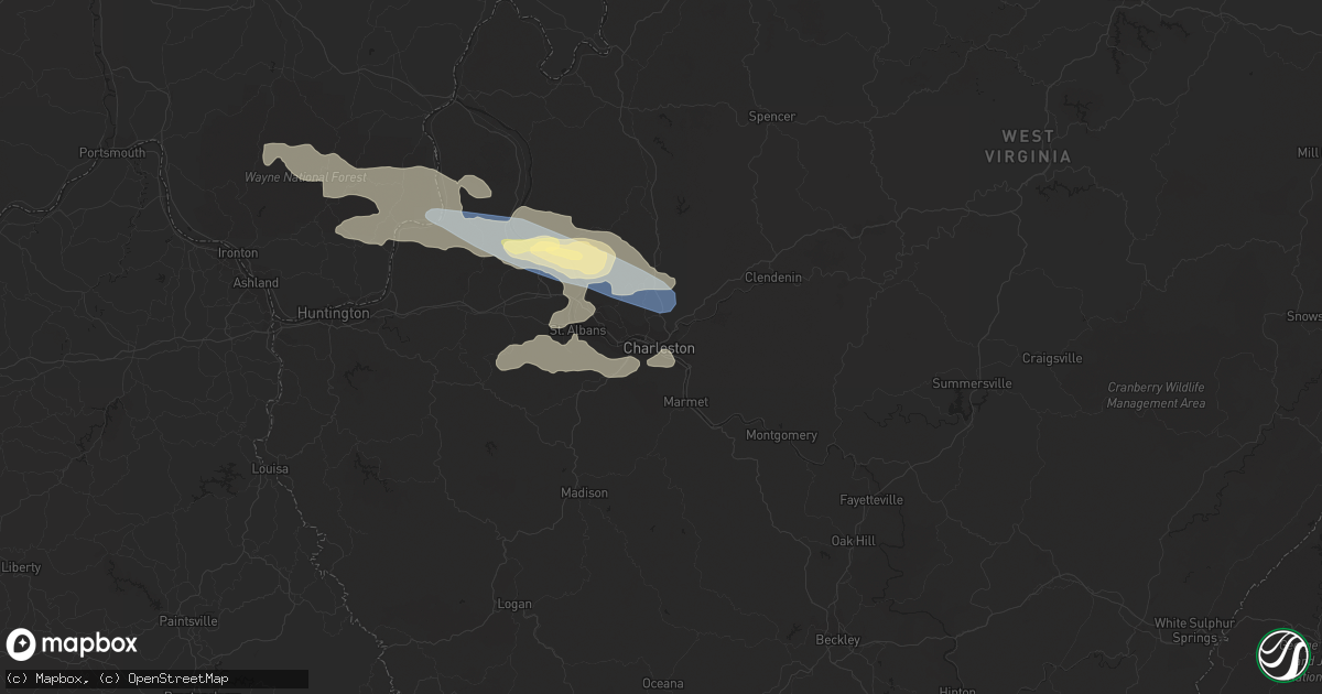 Hail map in Charleston, WV on July 13, 2023